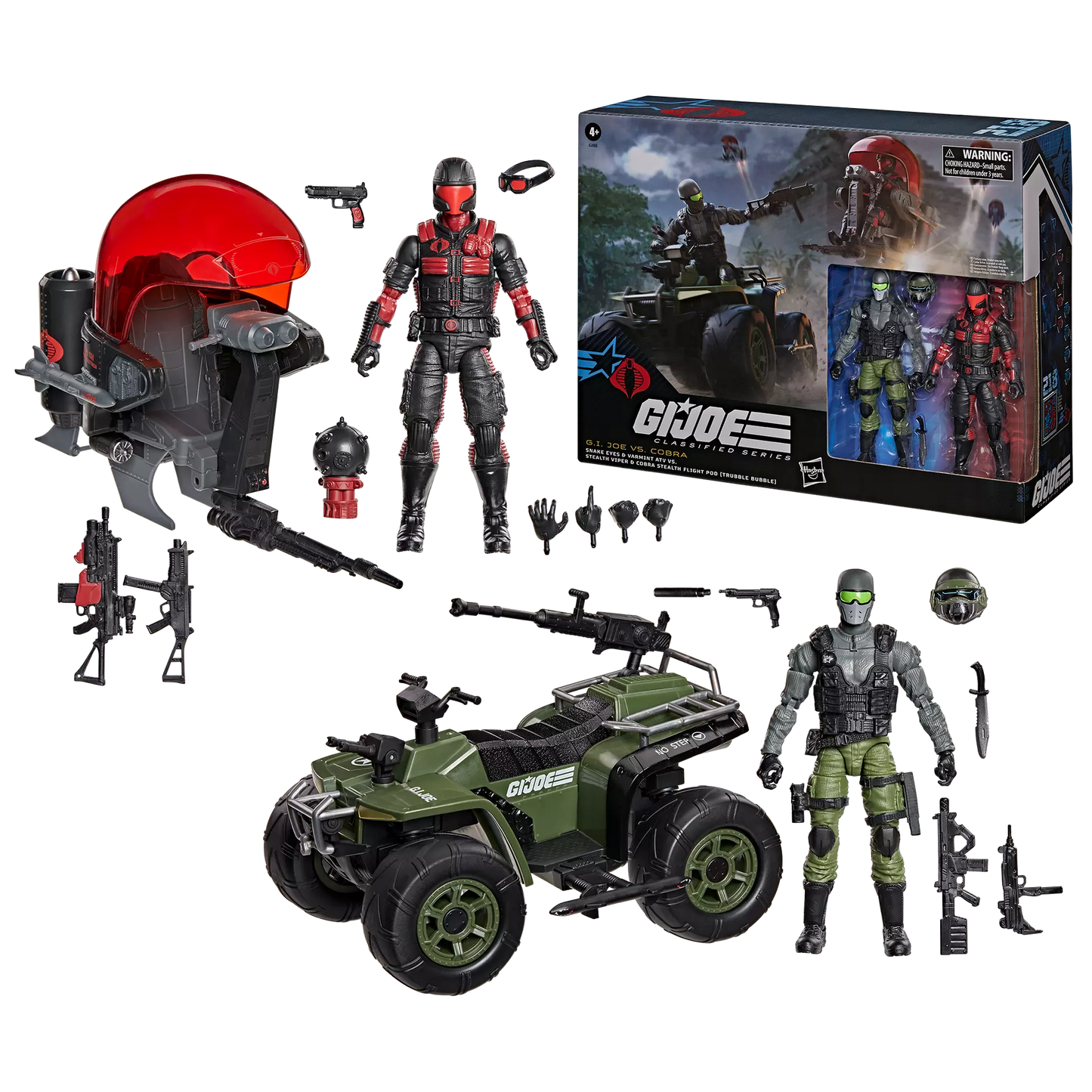 G.I. Joe - Classified Series #218 Snake Eyes & Varmint ATV Vs. Stealth Viper & Cobra Stealth Flight Pod (Trubble Bubble)